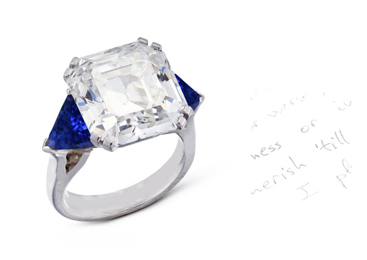 53 custom made unique square asscher cut diamond center stone with trillion blue sapphire accents three stone engagement ring