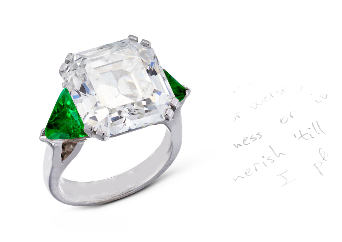 53 custom made unique square asscher cut diamond center stone with trillion emerald accents three stone engagement ring