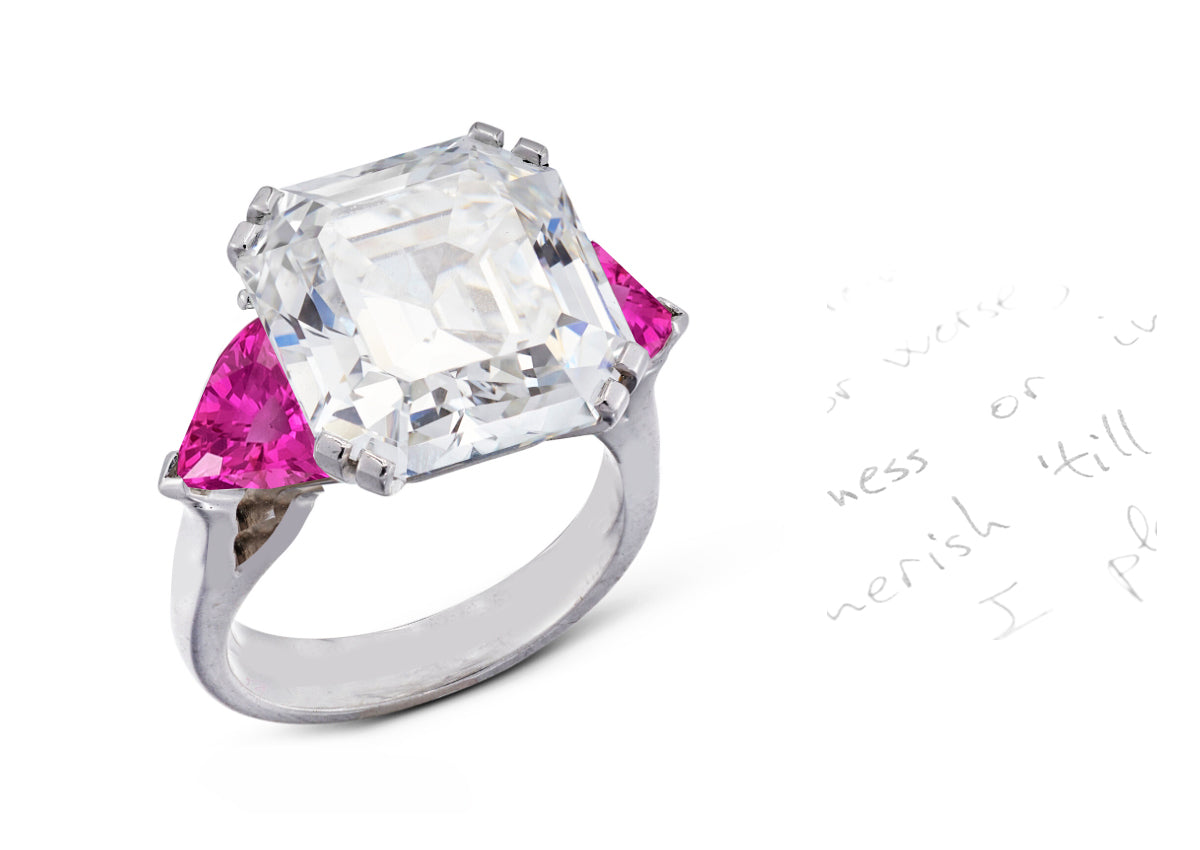 53 custom made unique square asscher cut diamond center stone with trillion pink sapphire accents three stone engagement ring