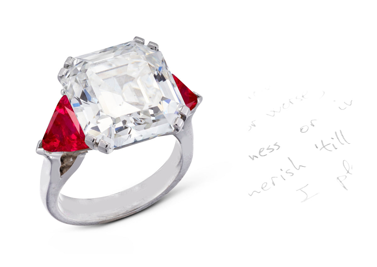 53 custom made unique square asscher cut diamond center stone with trillion ruby accents three stone engagement ring