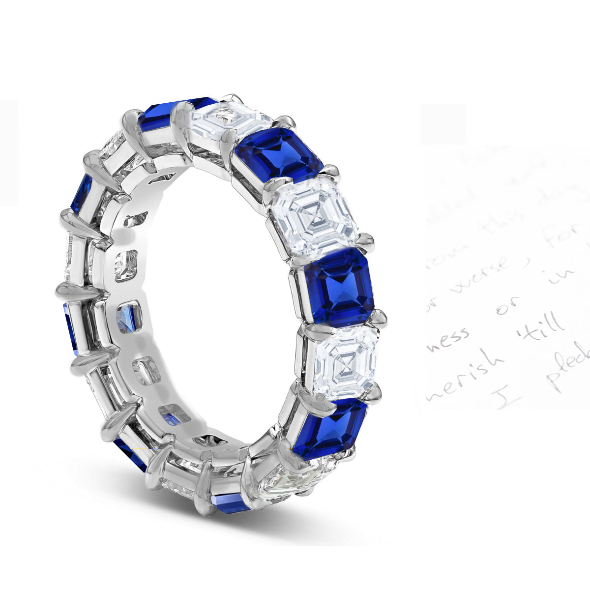 56 custom made unique stackable alternating asscher cut blue sapphire and diamond prong set eternity ring