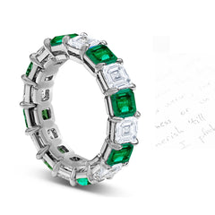 56 custom made unique stackable alternating asscher cut emerald and diamond prong set eternity ring