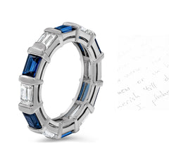 57 custom made unique stackable alternating baguette cut blue sapphire and diamond bar set eternity ring