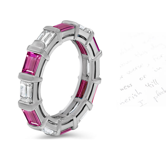 57 custom made unique stackable alternating baguette cut pink sapphire and diamond bar set eternity ring