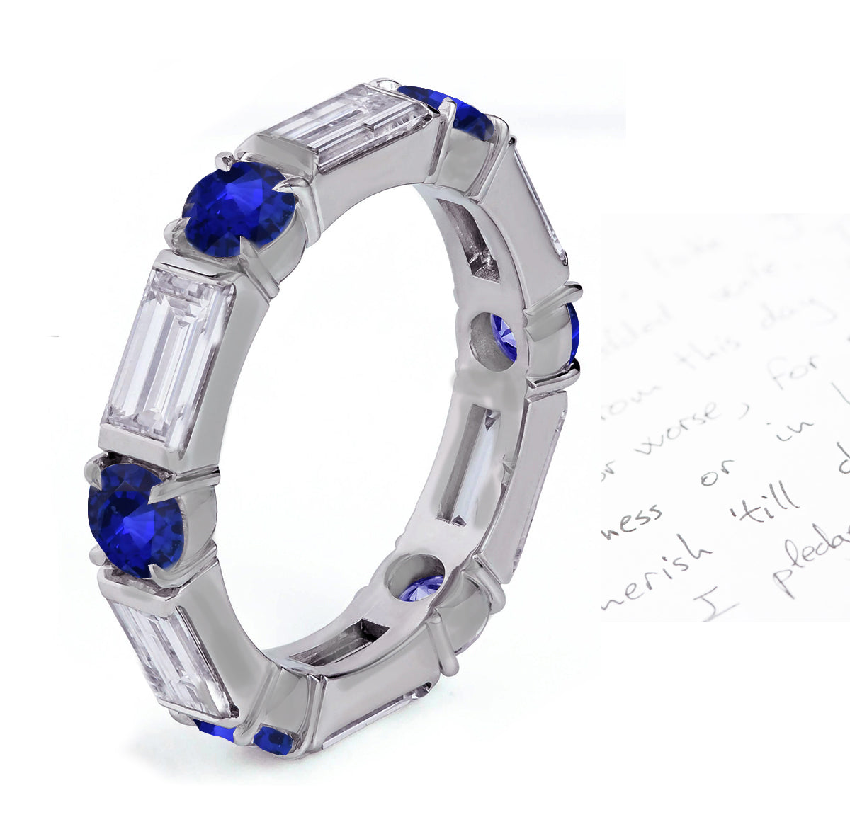 58 custom made unique stackable alternating round blue sapphire and baguette diamond eternity ring