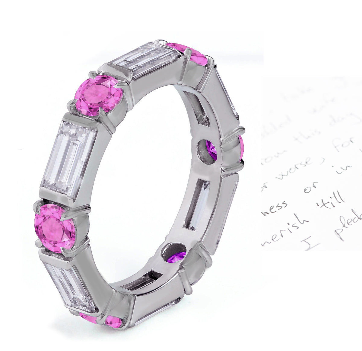 58 custom made unique stackable alternating round pink sapphire and baguette diamond eternity ring