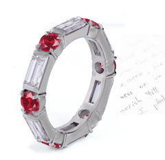 58 custom made unique stackable alternating round ruby and baguette diamond eternity ring