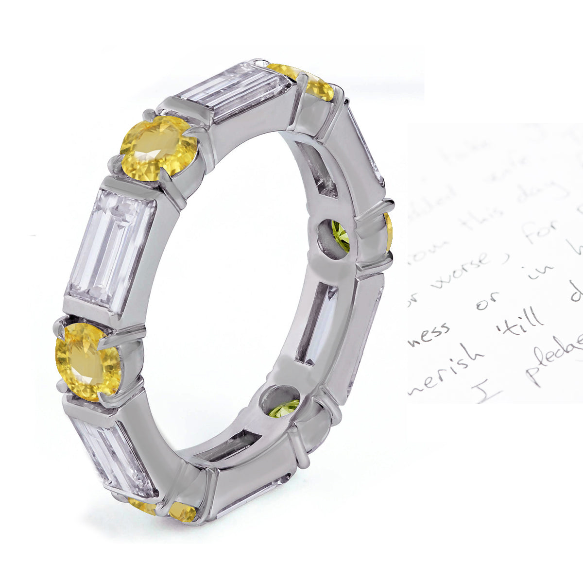 58 custom made unique stackable alternating round yellow sapphire and baguette diamond eternity ring