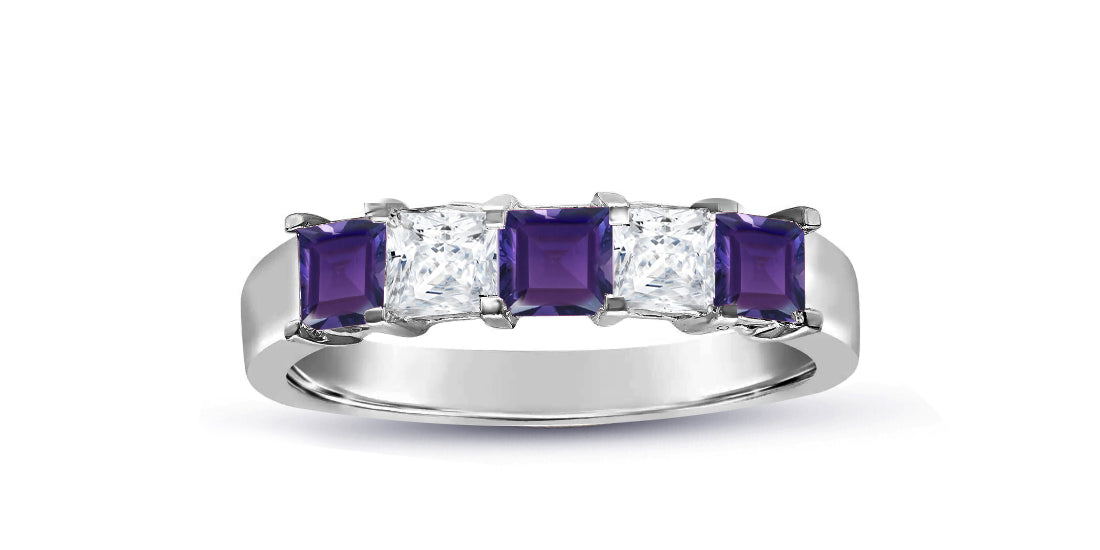 59 custom made unique 5 stone princess cut purple sapphire and diamond anniversary ring