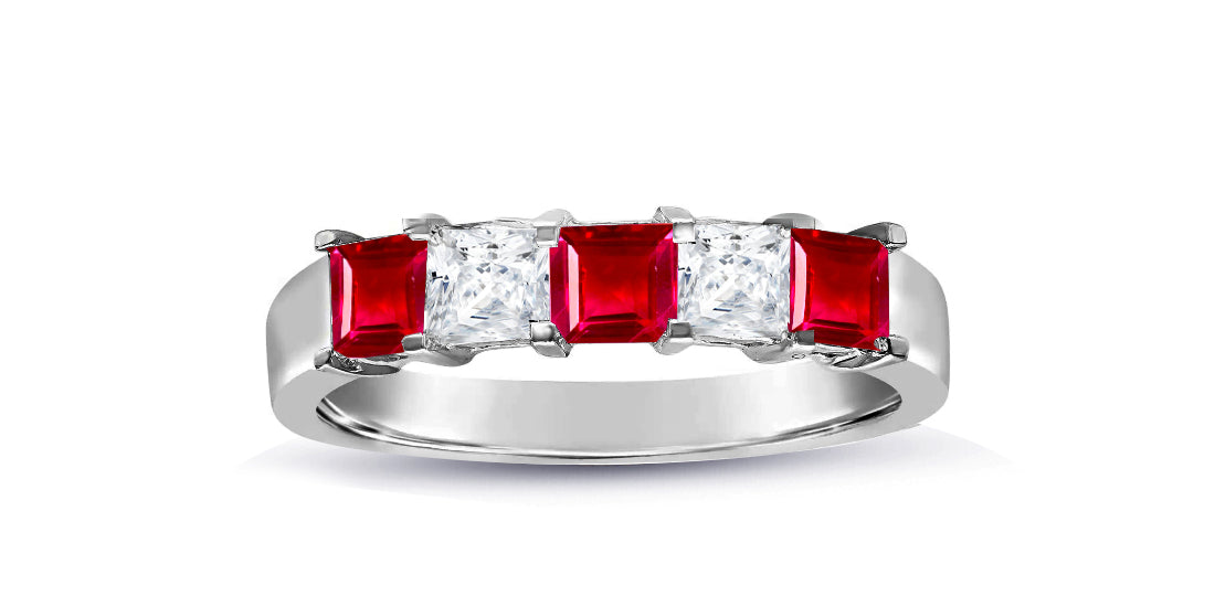 59 custom made unique 5 stone princess cut ruby and diamond anniversary ring