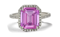 6 custom made pink sapphire and diamond vintage halo engagement rings