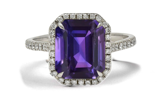 6 custom made purple sapphire and diamond vintage halo engagement rings