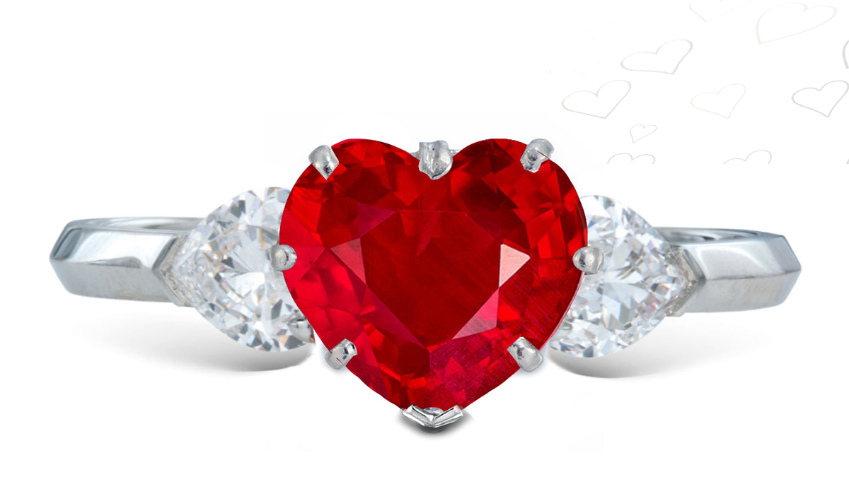 6 custom made unique heart ruby center stone with heart diamond accents three stone engagement ring