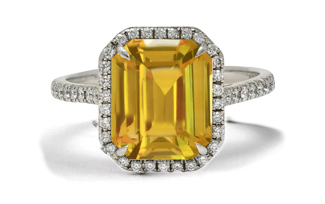 6 custom made yellow sapphire and diamond vintage halo engagement rings