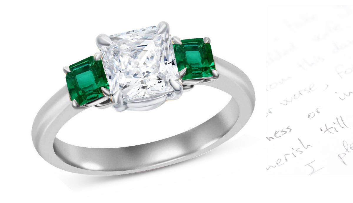 60 custom made unique square princess cut diamond and emerald square three stone engagement ring