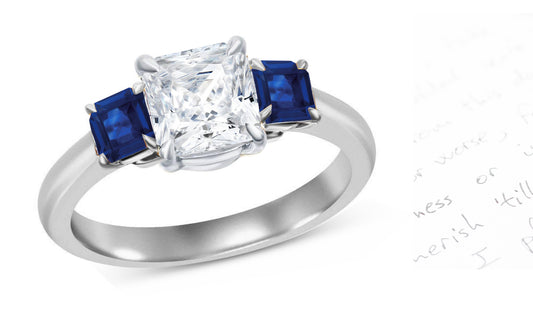 60 custom made unique square princess cut diamond center stone and blue sapphire accent three stone engagement ring