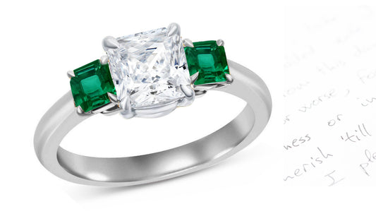 60 custom made unique square princess cut diamond center stone and emerald accent three stone engagement ring