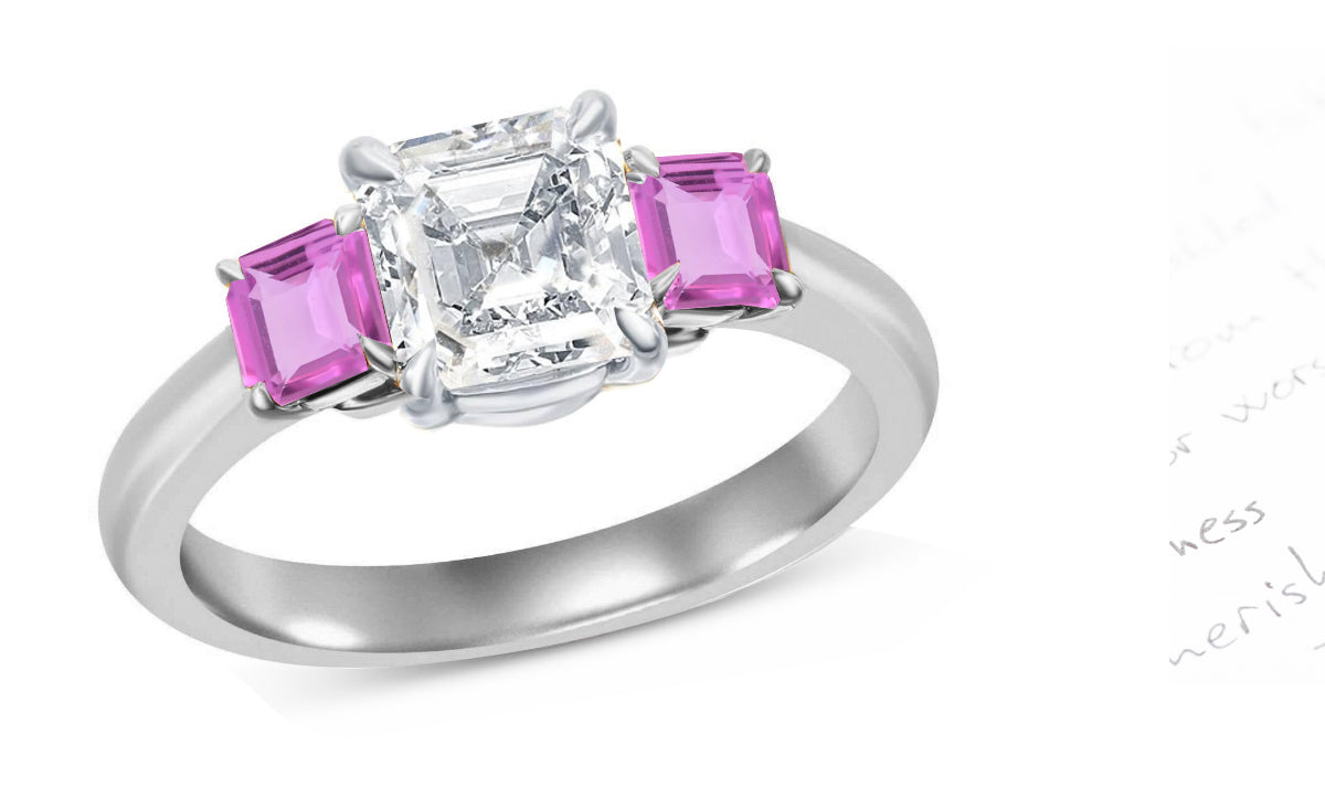 60 custom made unique square princess cut diamond center stone and pink sapphire accent three stone engagement ring