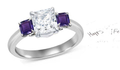 60 custom made unique square princess cut diamond center stone and purple sapphire accent three stone engagement ring