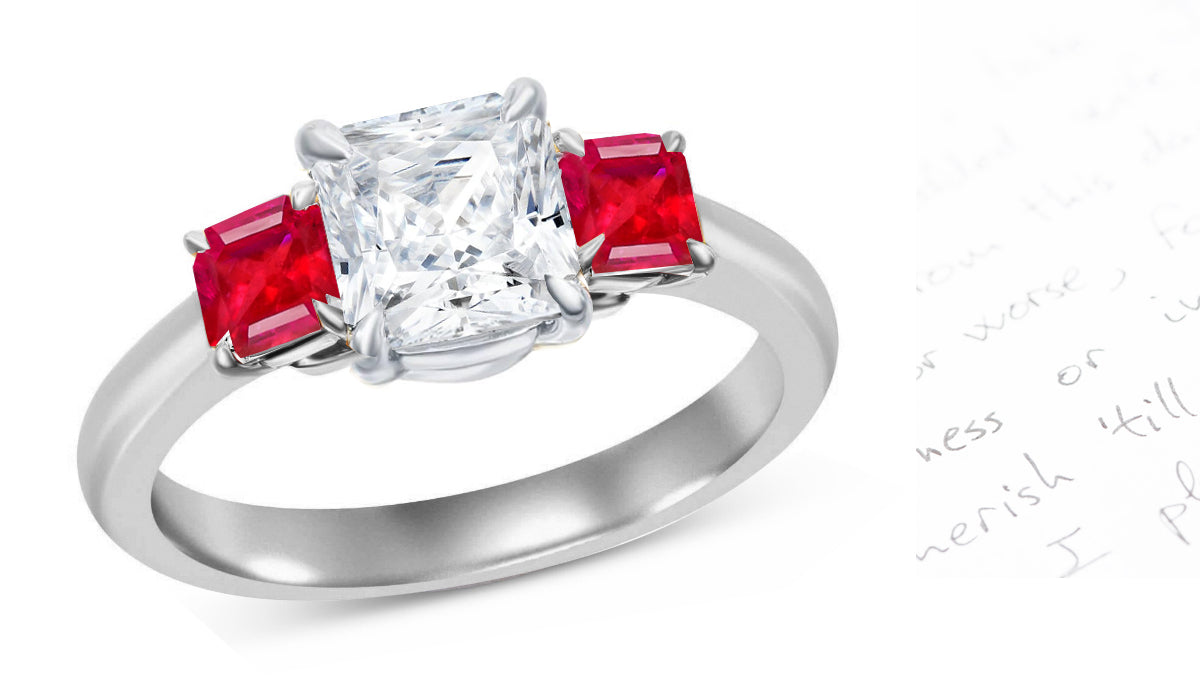 60 custom made unique square princess cut diamond center stone and ruby accent three stone engagement ring