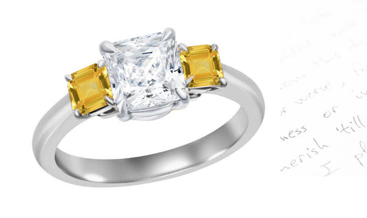 60 custom made unique square princess cut diamond center stone and yellow sapphire accent three stone engagement ring