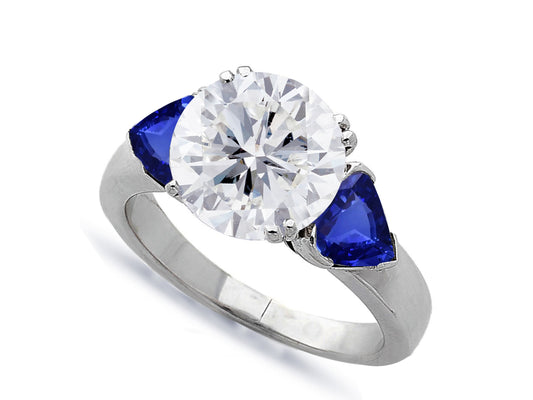 602 custom made unique round diamond center stone and heart blue sapphire three stone engagement ring