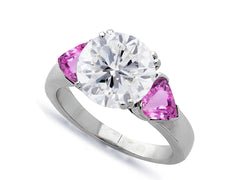 602 custom made unique round diamond center stone and heart pink sapphire three stone engagement ring