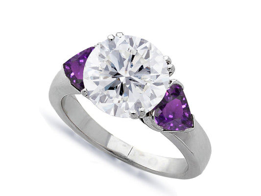 602 custom made unique round diamond center stone and heart purple sapphire three stone engagement ring