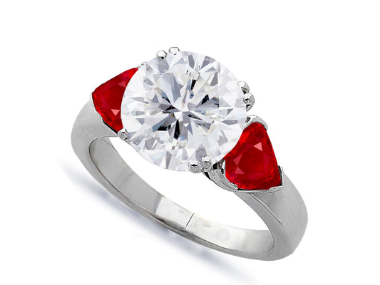 602 custom made unique round diamond center stone and heart ruby three stone engagement ring