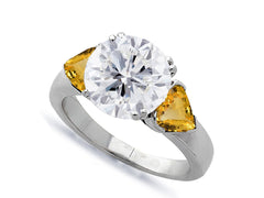 602 custom made unique round diamond center stone and heart yellow sapphire three stone engagement ring