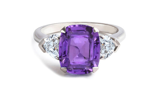 604 custom made unique cushion purple sapphire center stone and heart diamond three stone engagement ring