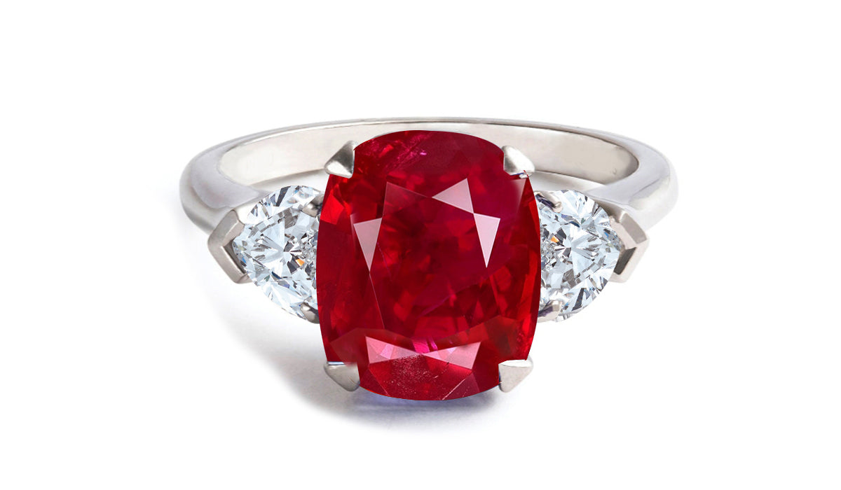 604 custom made unique cushion ruby center stone and heart diamond three stone engagement ring