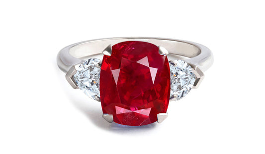 604 custom made unique cushion ruby center stone and heart diamond three stone engagement ring