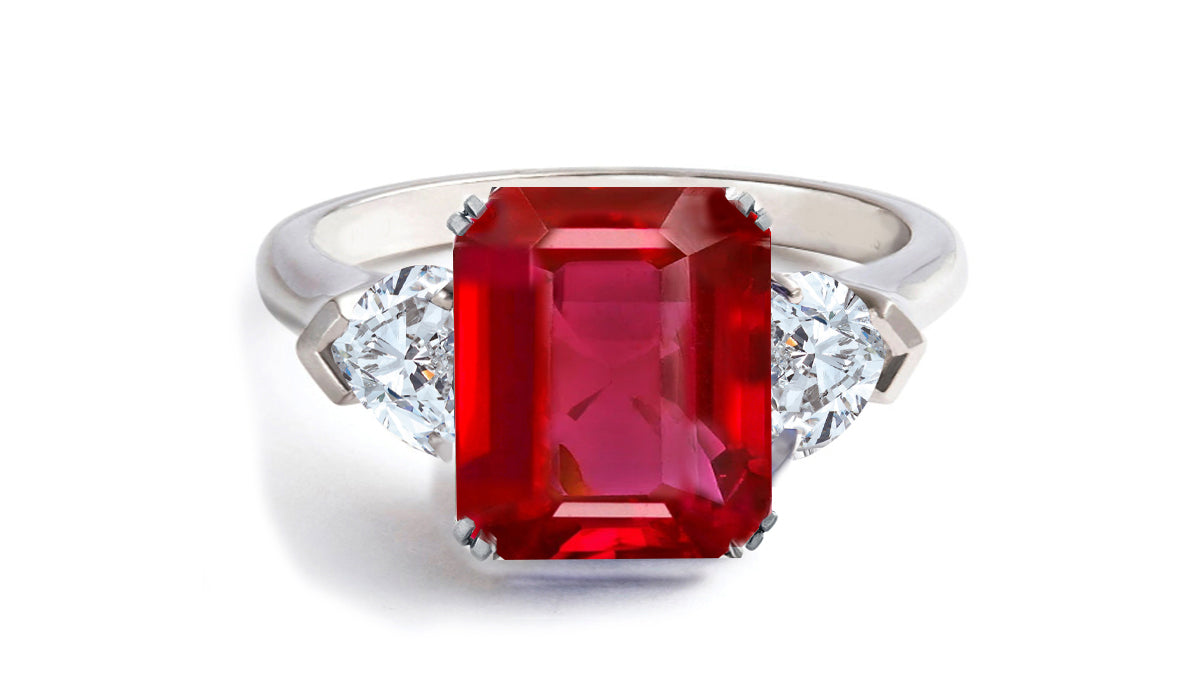 605 custom made unique emerald cut ruby center stone and heart diamond three stone engagement ring