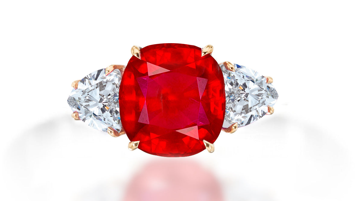 608-custom made unique cushion cut ruby center stone and heart diamond three stone engagement ring