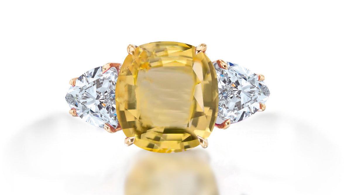 608 custom made unique cushion cut yellow sapphire center stone and heart diamond three stone engagemen ring