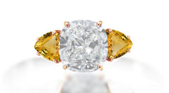 609 custom made unique cushion cut diamond center stone and heart yellow sapphire three stone engagement ring