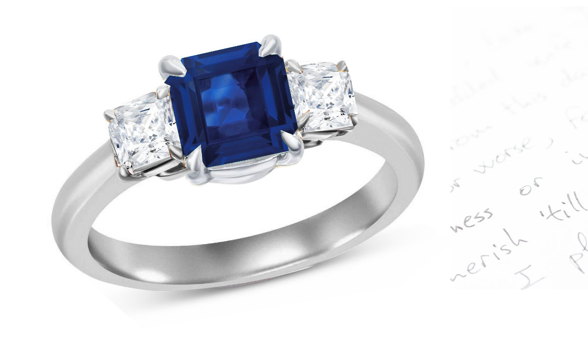 61 custom made unique square princess cut blue sapphire center stone and diamond accent three stone engagement ring