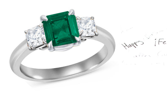 61 custom made unique square princess cut emerald center stone and diamond accent three stone engagement ring