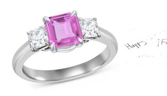 61 custom made unique square princess cut pink sapphire center stone and diamond accent three stone engagement ring