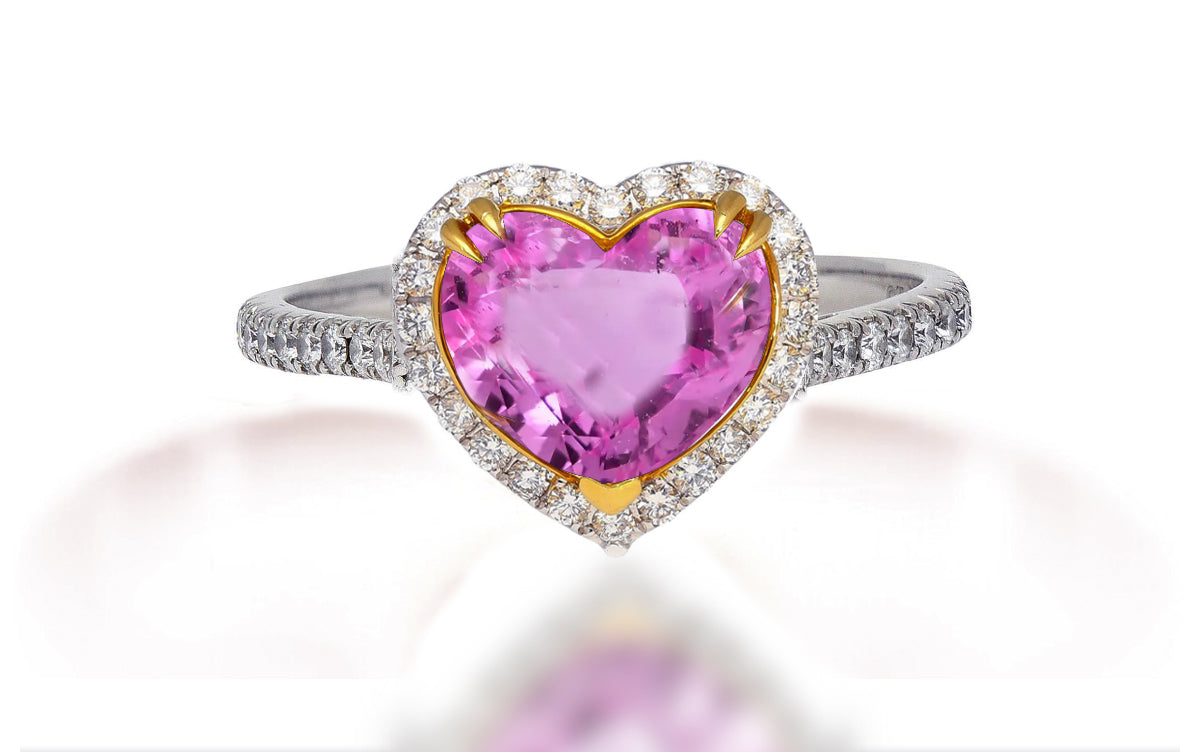 612 custom made unique heart pink sapphire center stone and diamond halo engagement ring