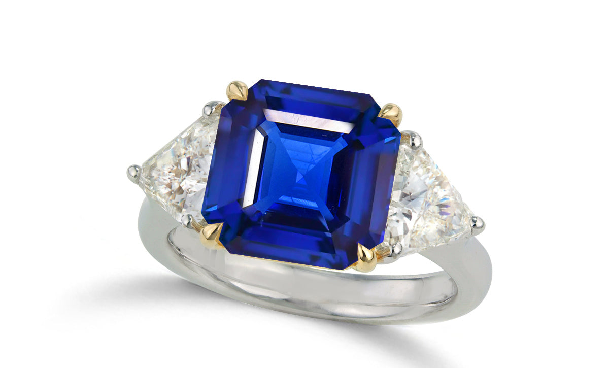 618 custom made unique asscher cut blue sapphire center stone and trillion diamond side three stone engagement ring