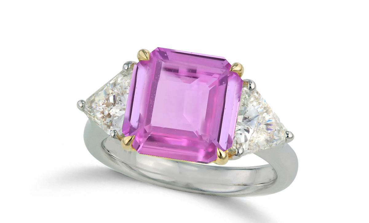 618 custom made unique asscher cut pink sapphire center stone and trillion diamond side three stone engagement ring