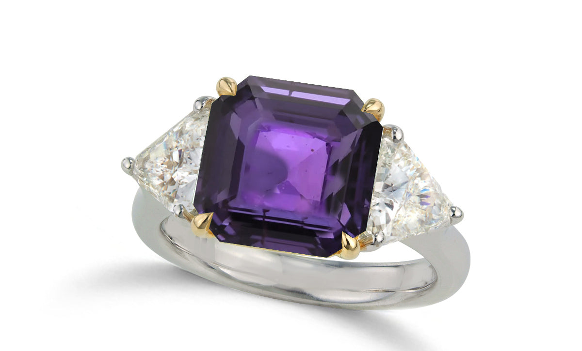 618 custom made unique asscher cut purple sapphire center stone and trillion diamond side three stone engagement ring