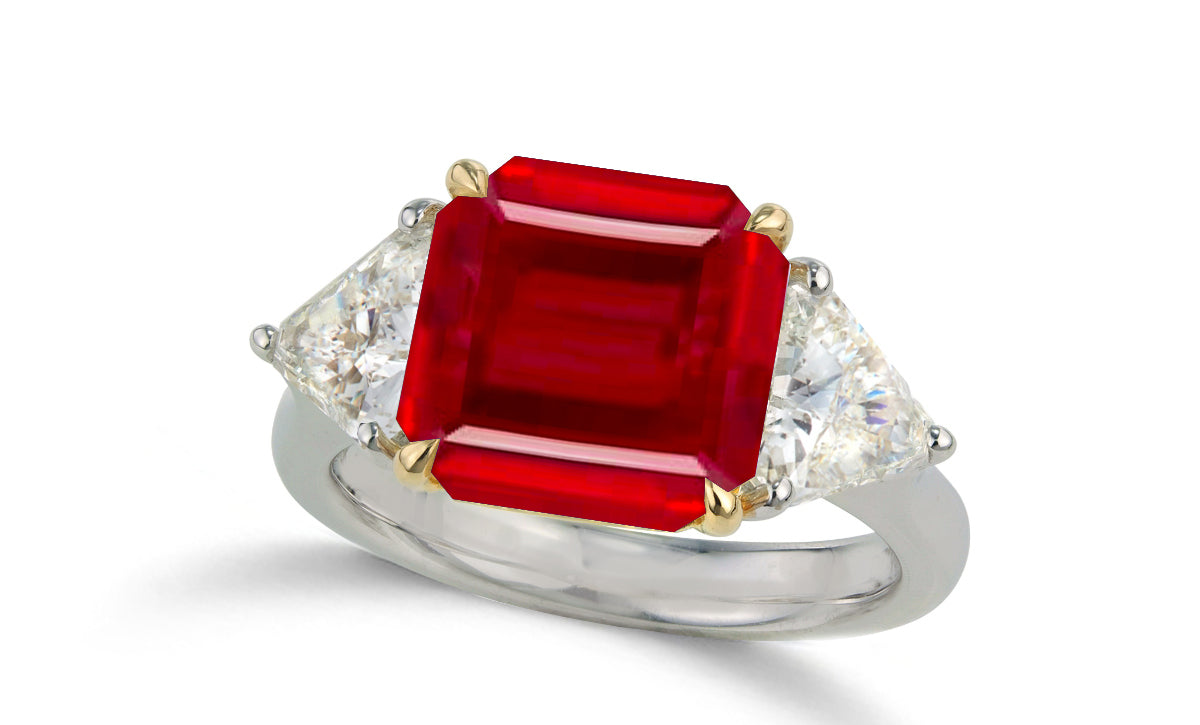 618 custom made unique asscher cut ruby center stone and trillion diamond side three stone engagement ring