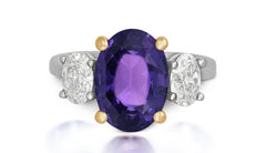 619 custom made unique oval purple sapphire center stone and oval diamond side three stone engagement ring