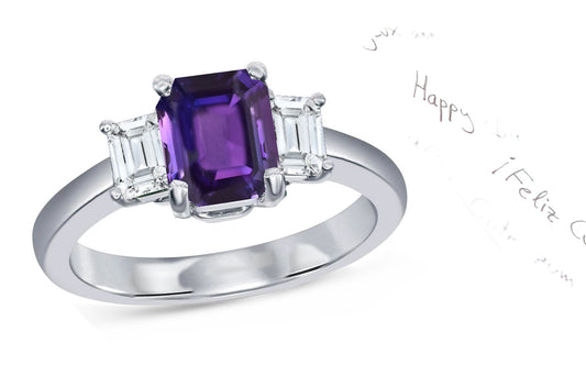 62 custom made unique emerald cut purple sapphire center stone and emerald cut diamond accent three stone engagement ring