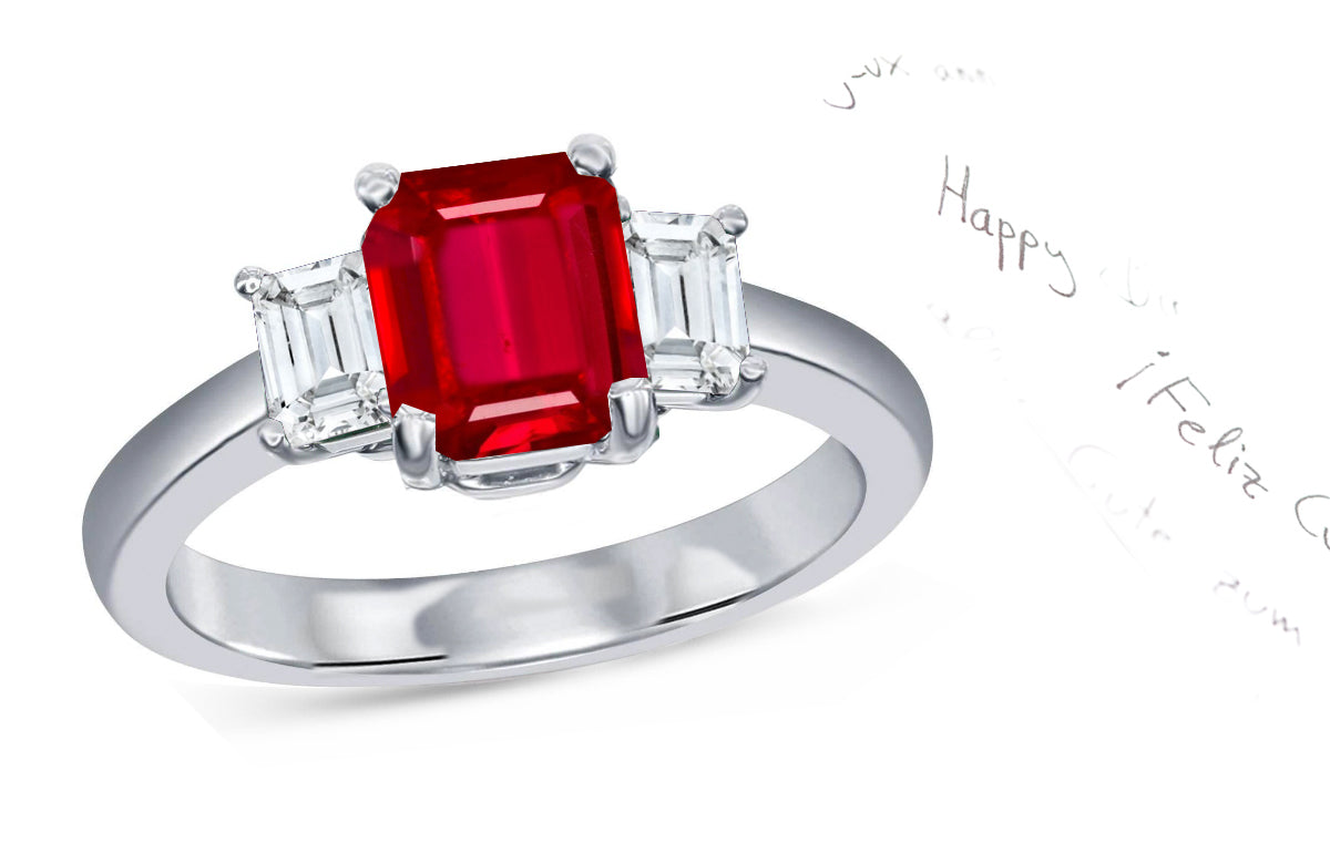 62 custom made unique emerald cut ruby center stone and emerald cut diamond accent three stone engagement ring