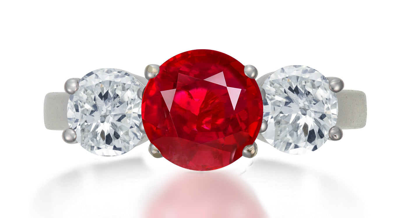 621 custom made unique round ruby center stone and round diamond accent three stone engagement ring