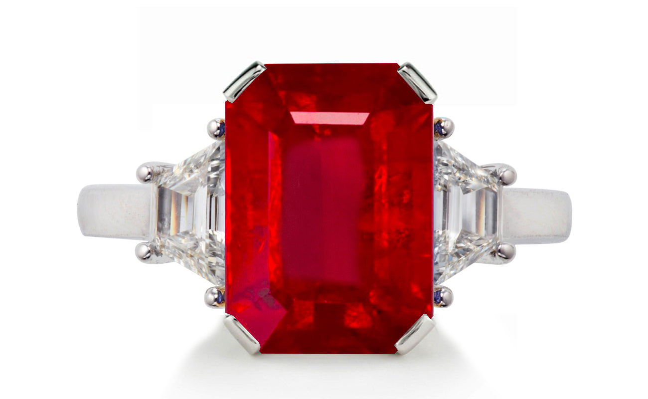 623 custom made unique emerald cut ruby center stone and trapezoid diamond accent three stone engagement ring